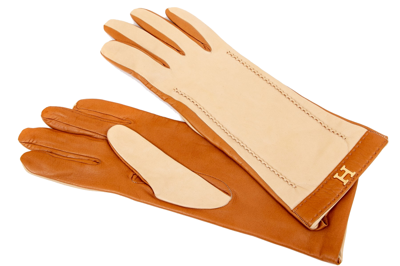 a pair of HERMES TAN AND BEIGE LEATHER GLOVES, SIZE 7 1/2